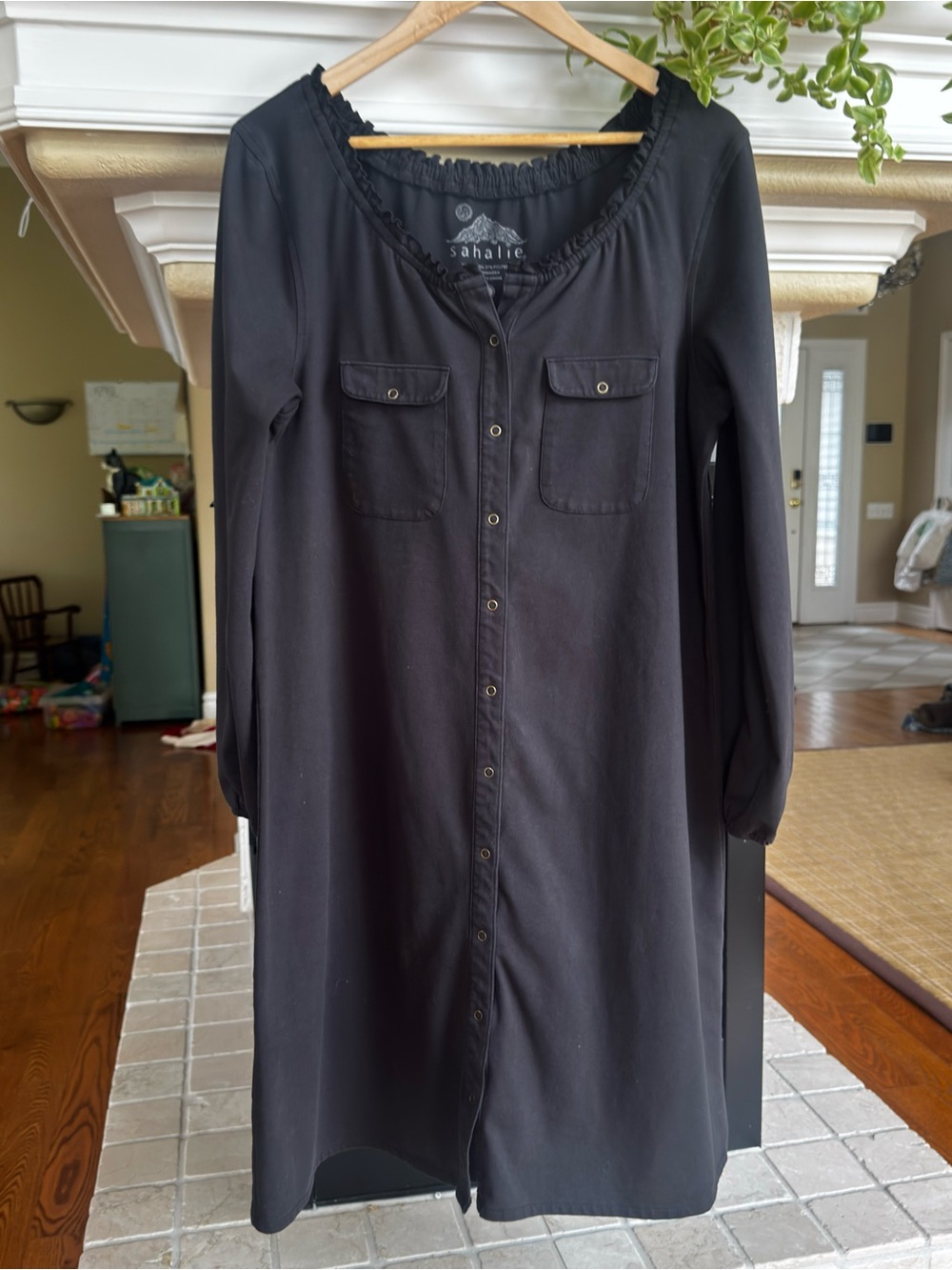Sahalie Boho Hippie Black Button Down Tunic Dress Large Ruffle Neckline